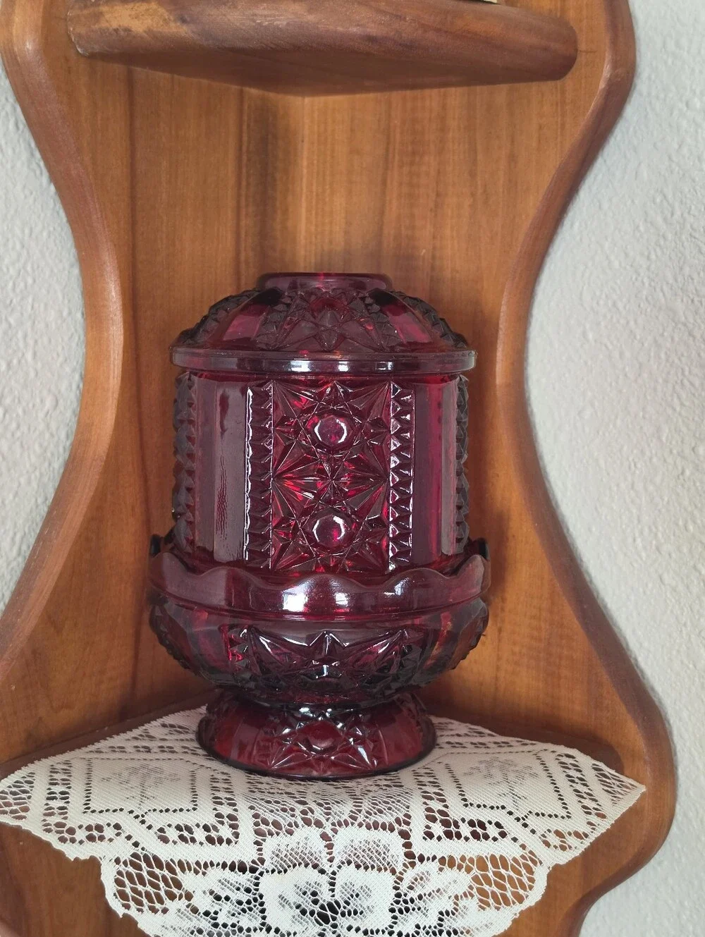Vintage Indiana Glass Ruby Red Flashed Stars and Bars Fairy Lamp
